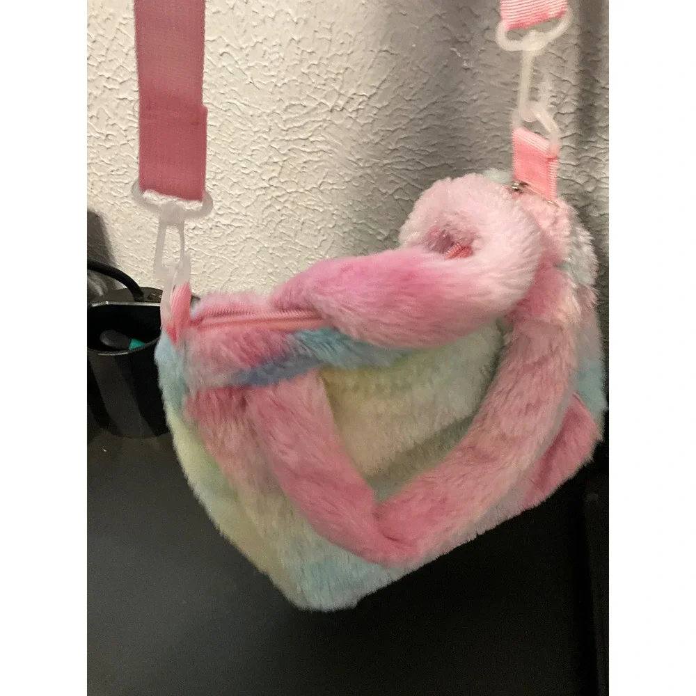 Kids Rainbow Tie Dye Faux Fur Unicorn Crossbody Bag Plush Tote Handbag Pink‎